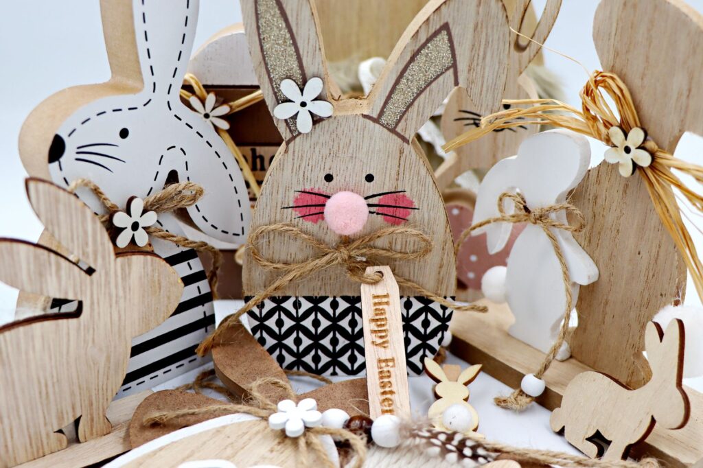 Charming rustic Easter bunny decorations crafted from wood for a natural holiday look.